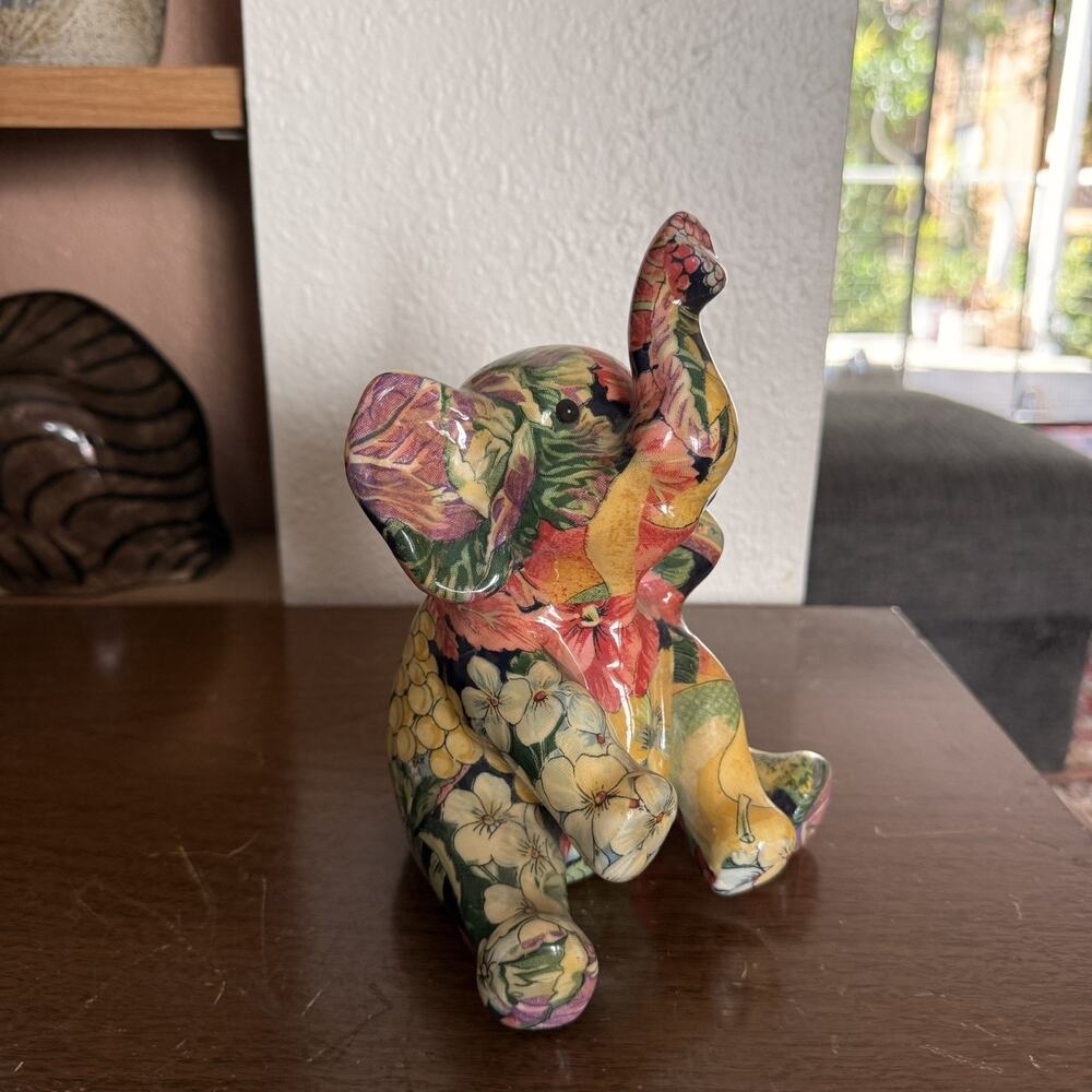 Fabric Decoupage Elephant Figurine Floral Lacquered Trunk Up